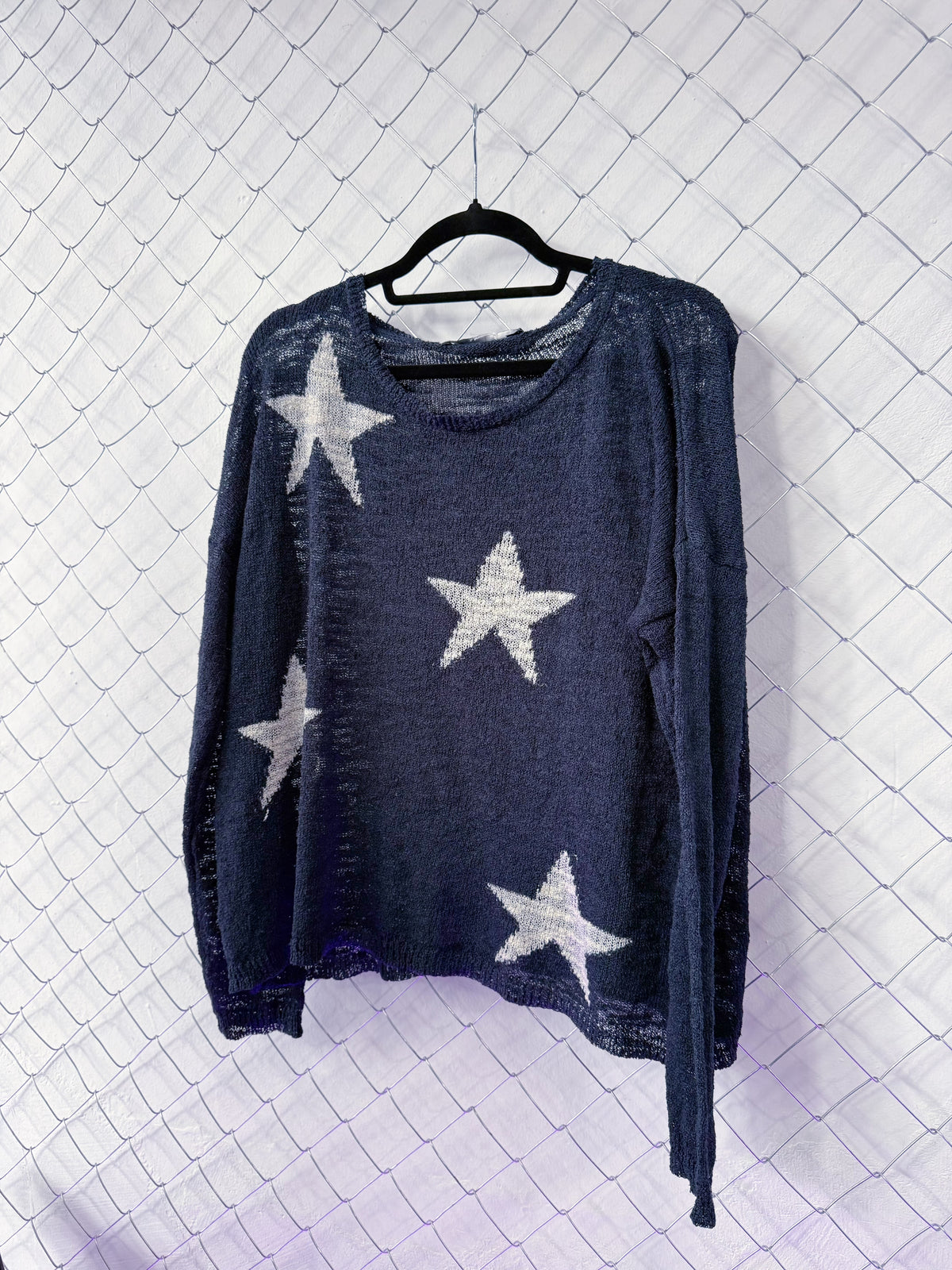 Coraline-style blue light sweater with stars 🗝 ⚉ 🪡 🐈‍⬛