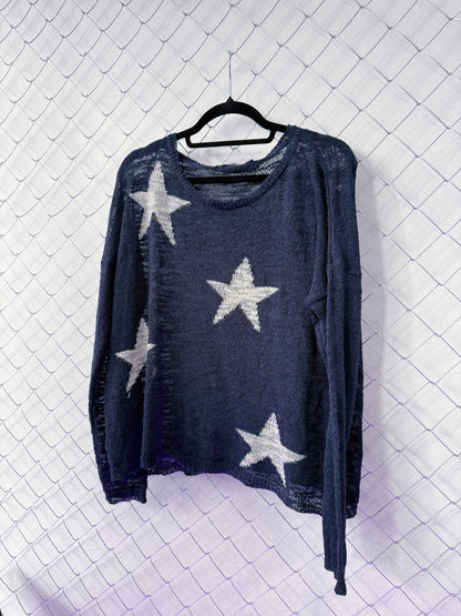 Coraline-style blue light sweater with stars 🗝 ⚉ 🪡 🐈‍⬛