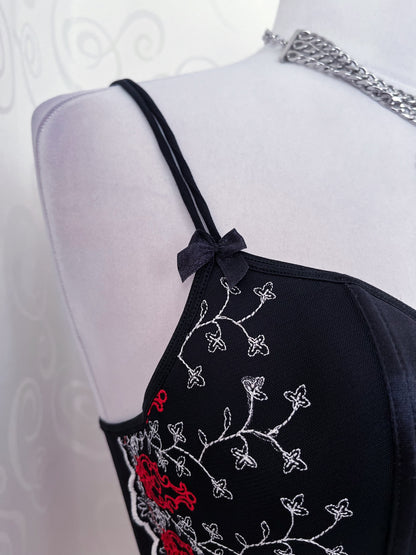 00’s whimsygoth satin corset with mesh & embroidered details 🫀🌀