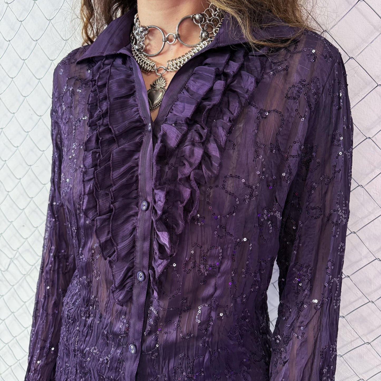 00’s whimsygoth see-through sequin purple shirt 💜🌀