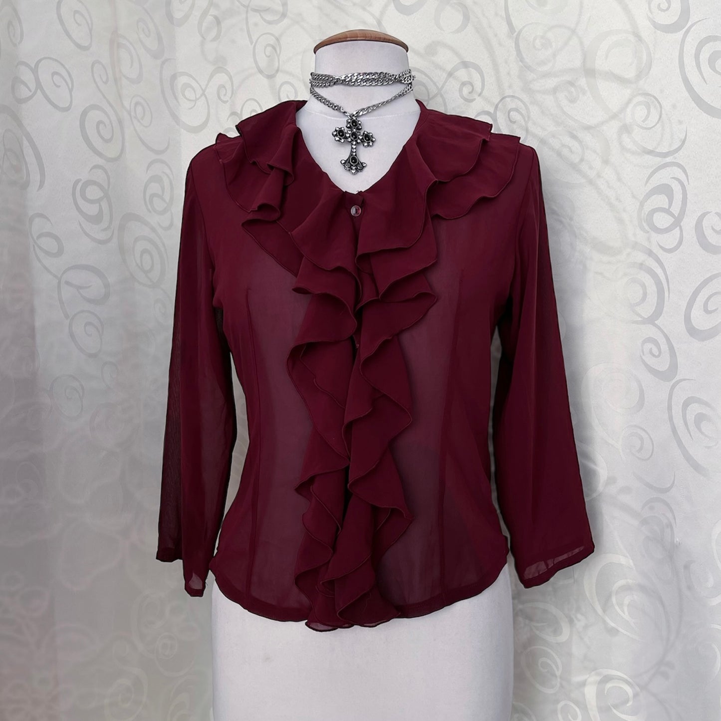00’s Gothic/Jirai Kei mesh burgundy ruffle shirt 🫀