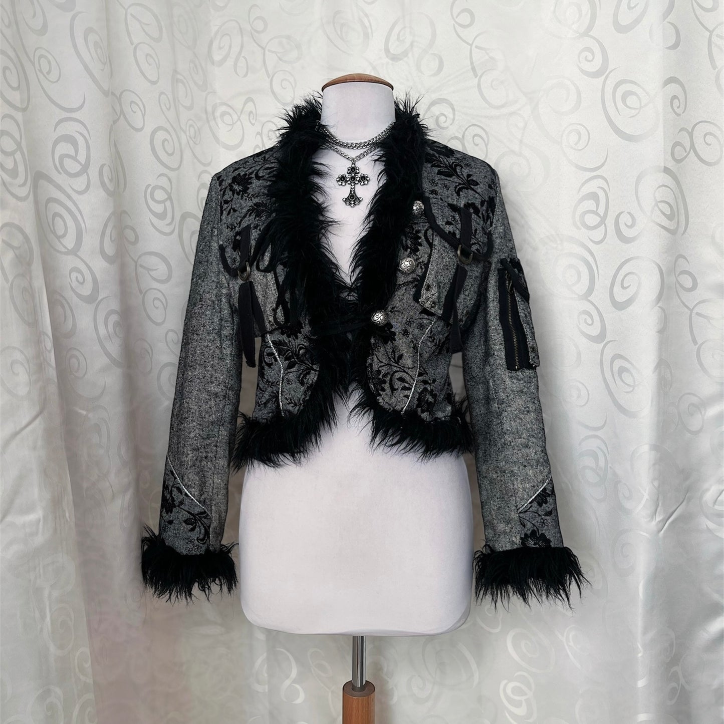 Vintage whimsygoth grey light afghan jacket with velvet, zipper & pocket details 🌀🧚🏾