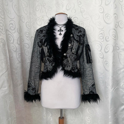 Vintage whimsygoth grey light afghan jacket with velvet, zipper & pocket details 🌀🧚🏾