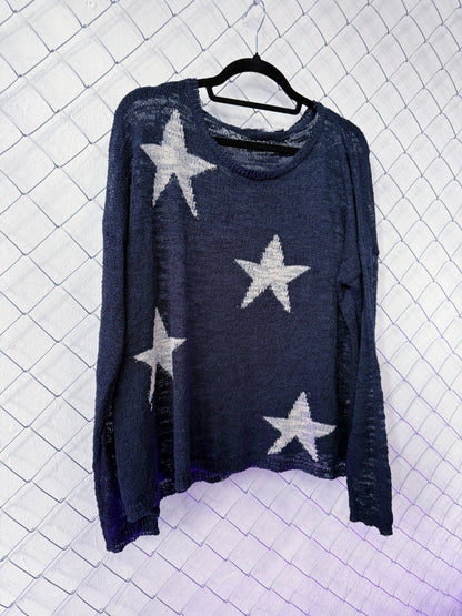 Coraline-style blue light sweater with stars 🗝 ⚉ 🪡 🐈‍⬛
