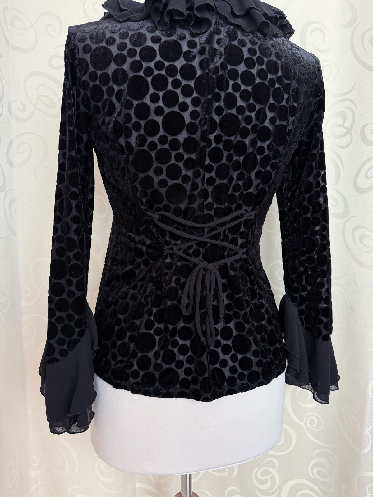 00’s Gothic mesh velvet polka dot shirt with ruffle & lace-up details 🦇