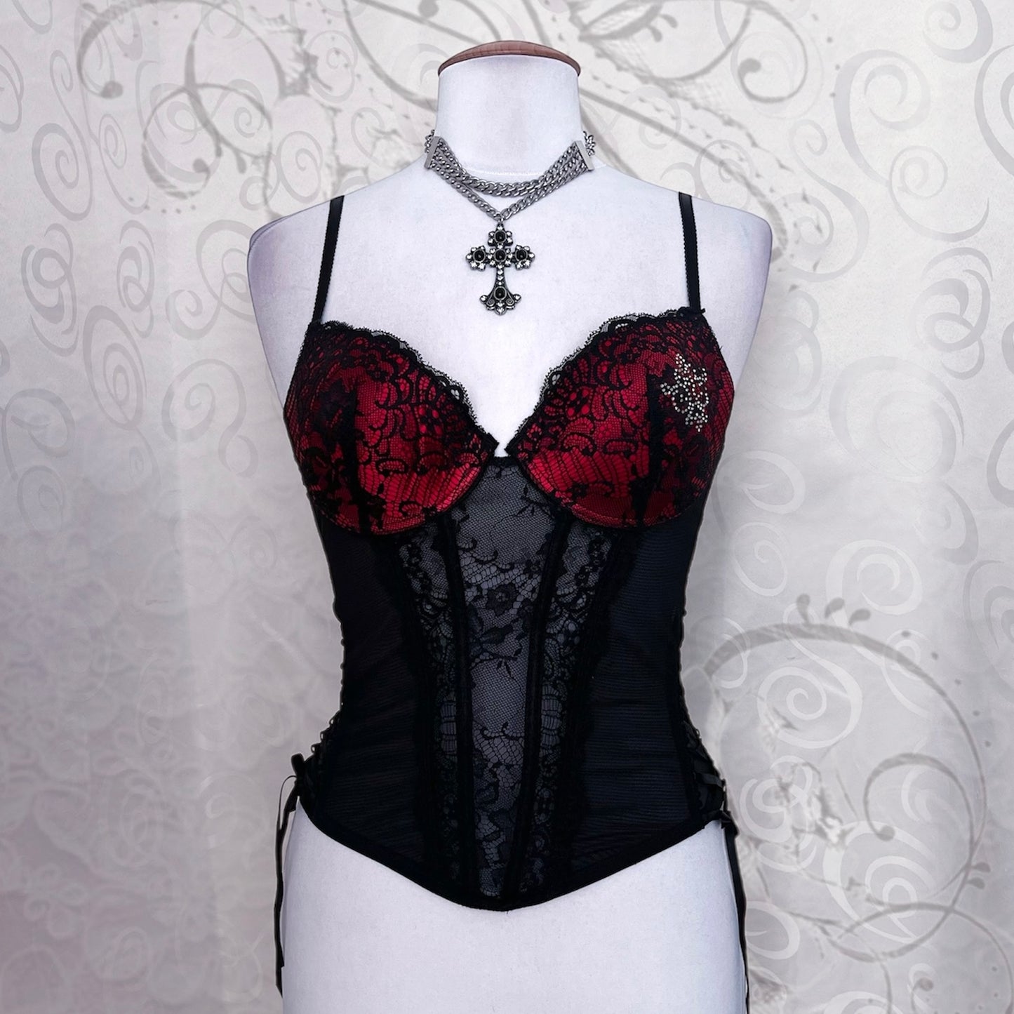 Iconic mesh black corset with lace-up details & red lacey bustier ❤️🕷️