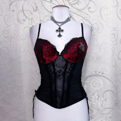 Iconic mesh black corset with lace-up details & red lacey bustier ❤️🕷️