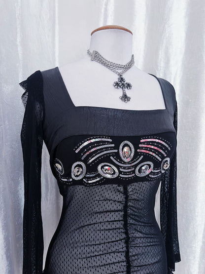 Whimsygoth lacey top with faux leather & sequin details 🦇🧚🏾