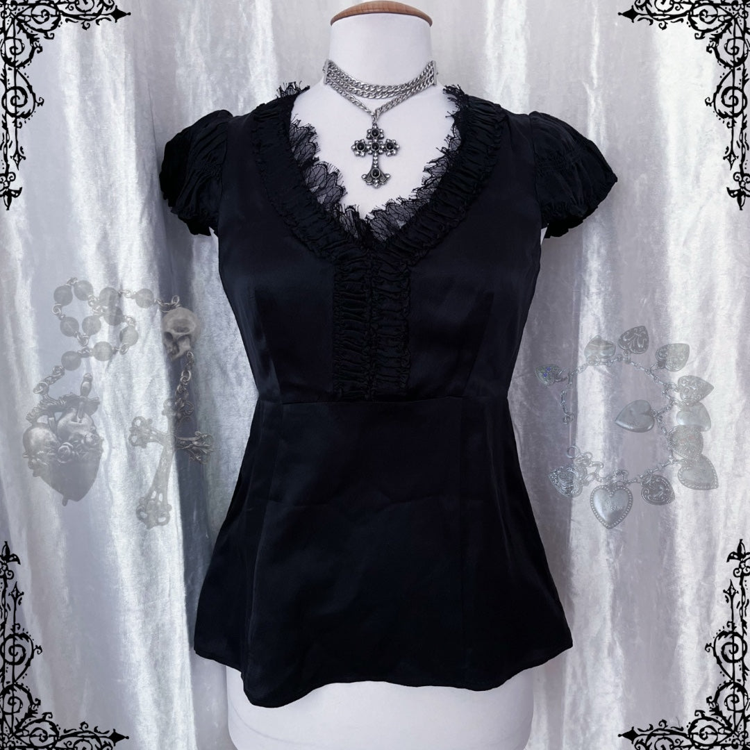 00's gothic silk ruffle black top 🦇