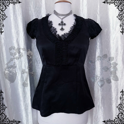 00's gothic silk ruffle black top 🦇