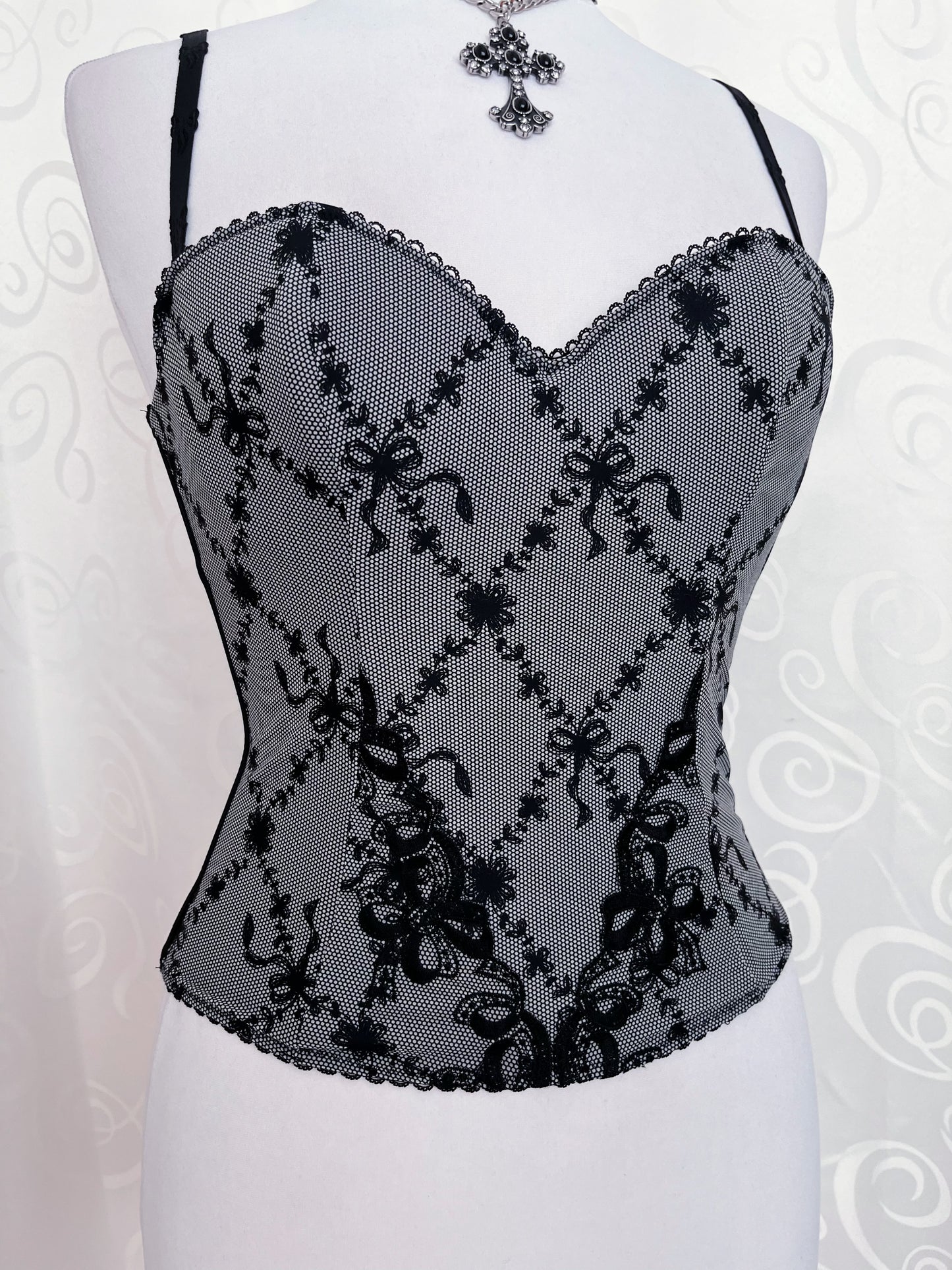 00’s dark coquette grey corset with bow print & embroidery details 🎀
