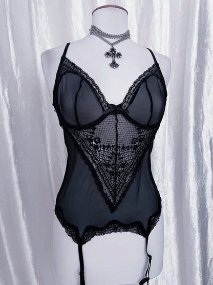 Hot black mesh lingerie corset top 🕸️