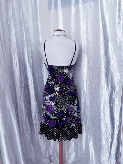 Gothic summer floral & polka dress with lace trim detail 🕷️💜