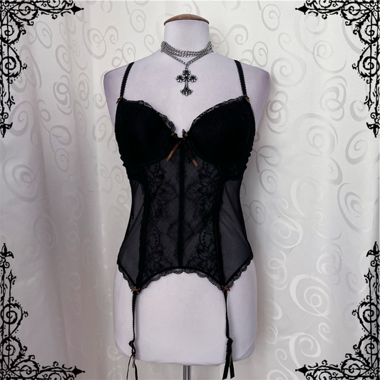 00’s whimsy black lacey corset with brown bow details 🐌 🖤