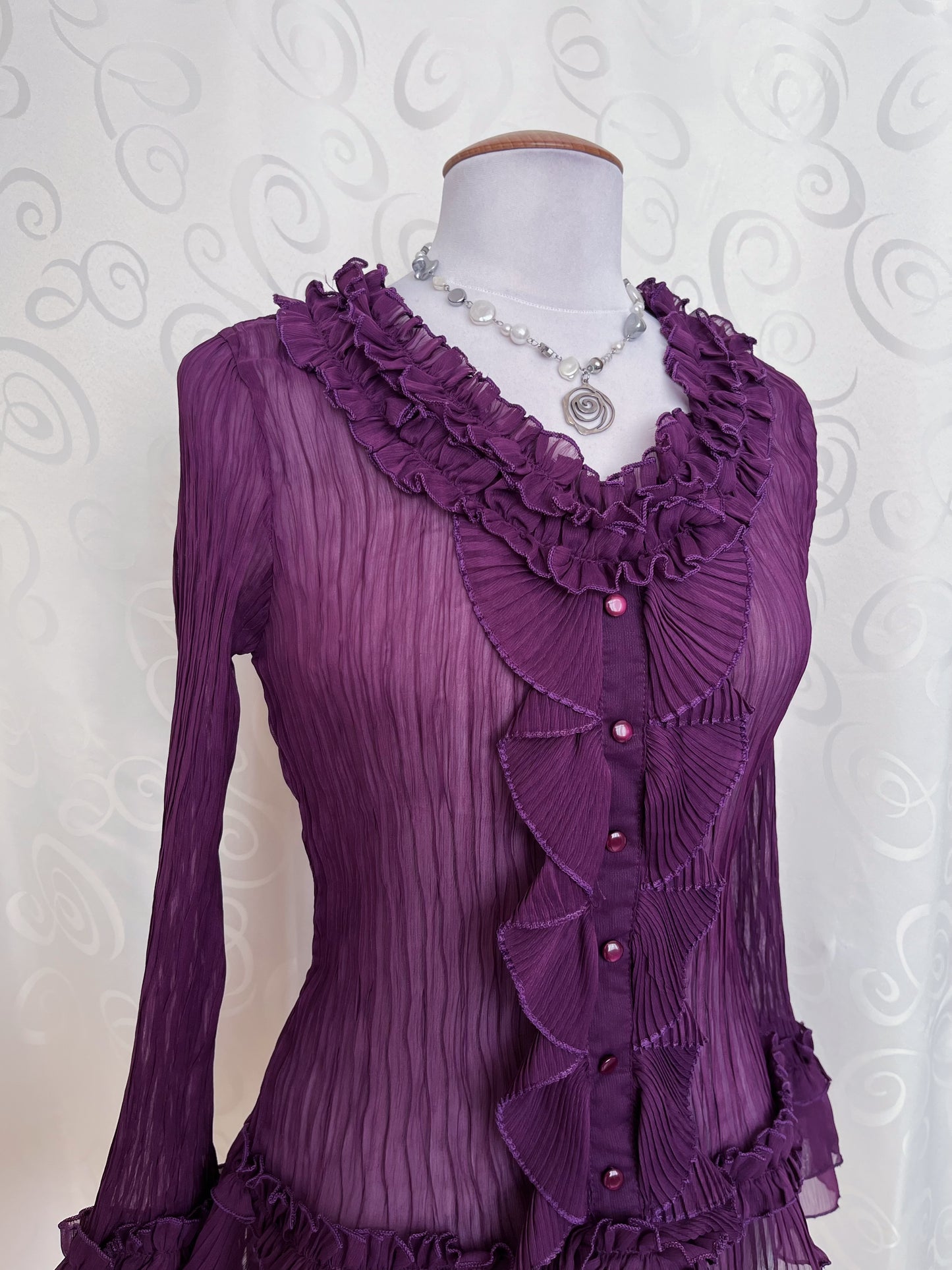 00’s whimsygoth plum ruffle mesh shirt 🔮🦋