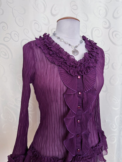 00’s whimsygoth plum ruffle mesh shirt 🔮🦋
