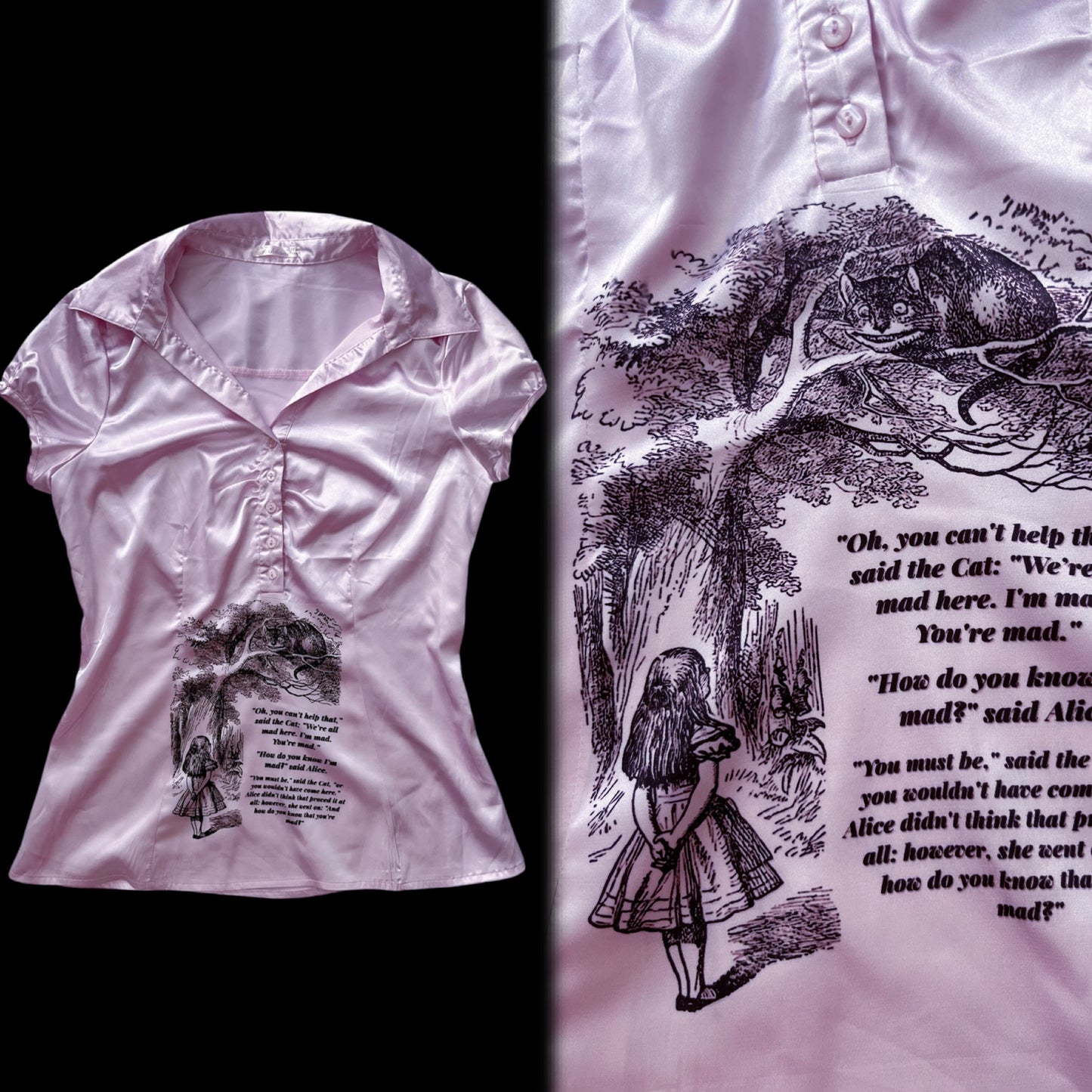 We’re All Mad Here Reworked Fishbone pink saten shirt ⏱️🐇