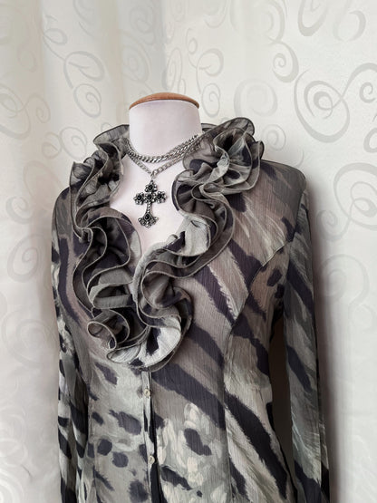 00’s whimsy fairy khaki mesh shirt with ruffle detail 🧚🏾