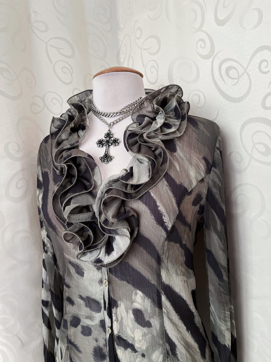 00’s whimsy fairy khaki mesh shirt with ruffle detail 🧚🏾