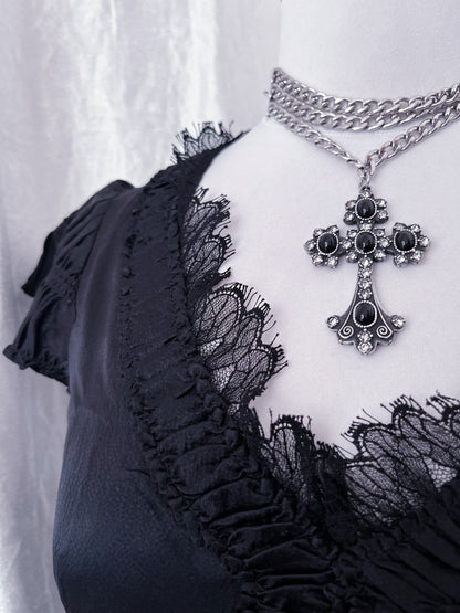 00's gothic silk ruffle black top 🦇