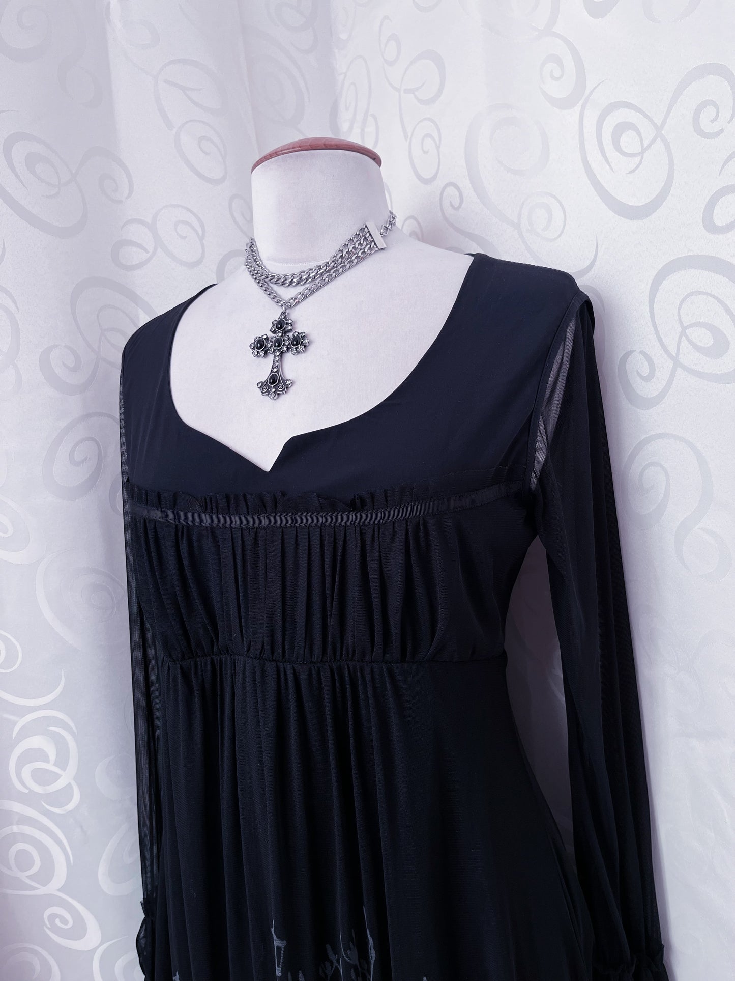 Whimsy mesh ruffle black dress with print detail 🚲