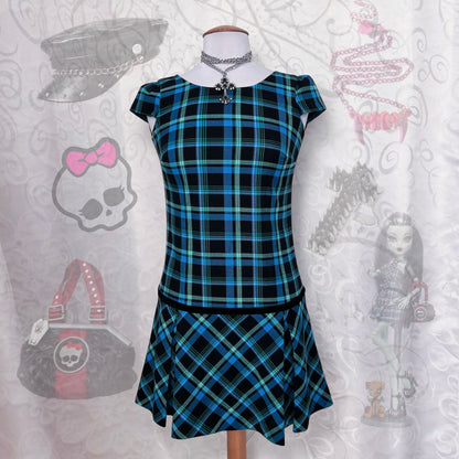 00's tartan blue dress with velvet & plaid details 💀🌀