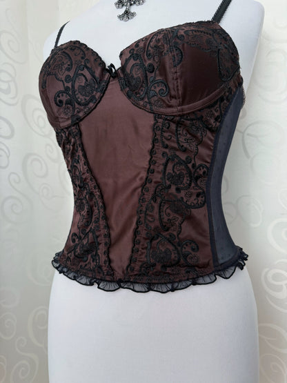 00’s whimsygoth brown corset top with mesh & embroidered detail 🐌🧚🏾