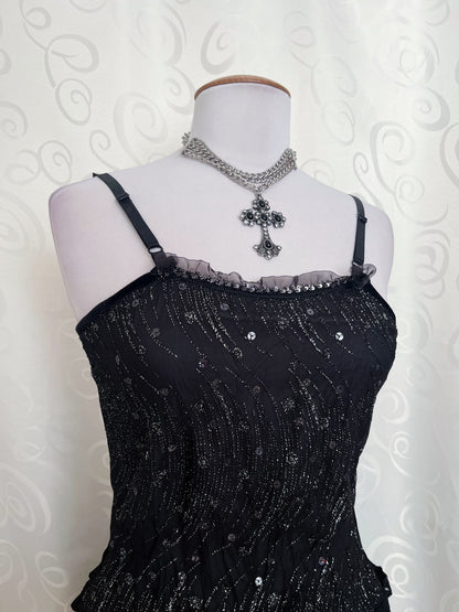 00’s deadstock dark whimsy sequin & velvet top 🌀🦇