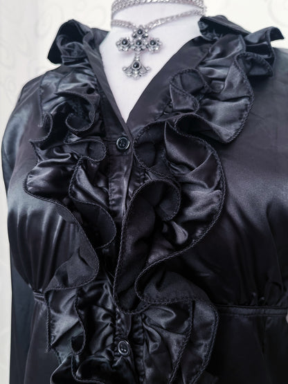 00’s deadstock Gothic/Jirai Kei black satin ruffle shirt 🕷️