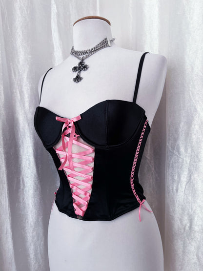 H&M little hot black corset top with lace-up pink bow 🎀