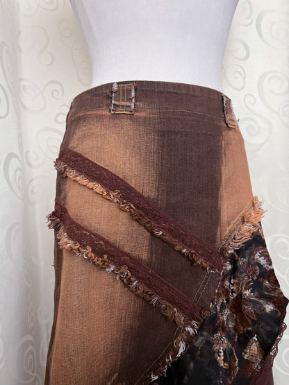00’s whimsy denim brown skirt with lace & velvet details 🐌🌀