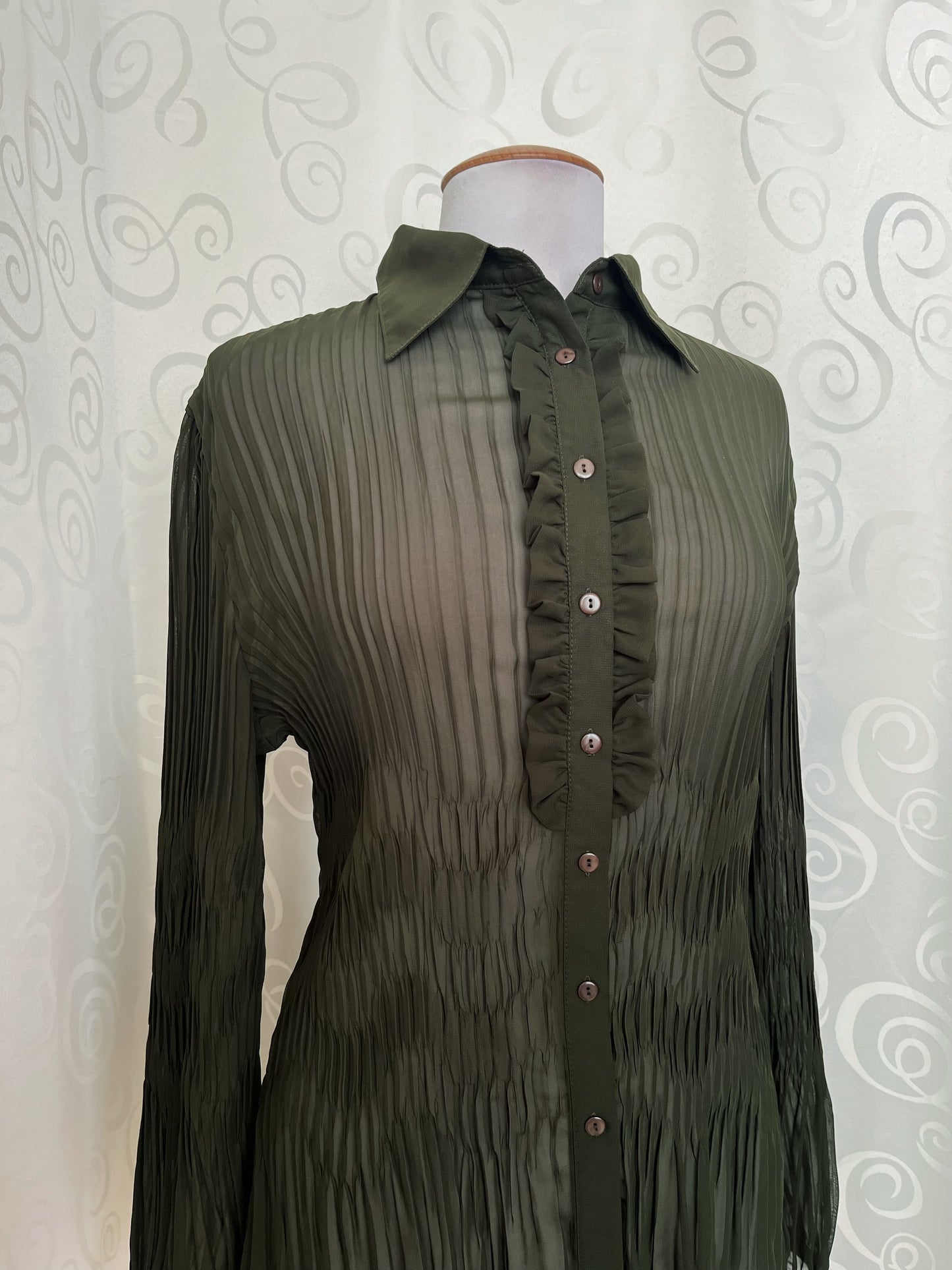 00’s whimsy victorian style mesh olive ruffle shirt 🕷️🌀