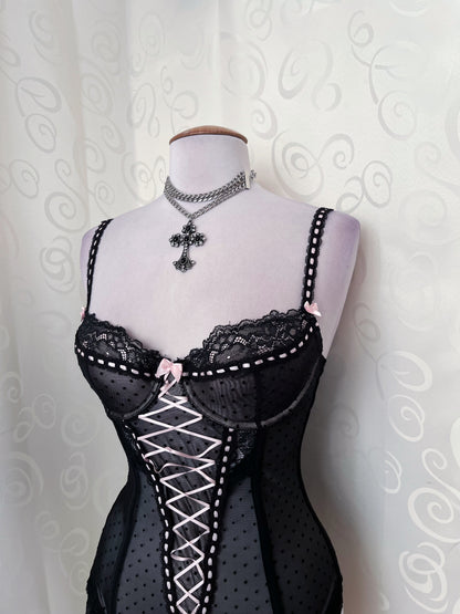 Dark Coquette black & pink lace up corset 🎀