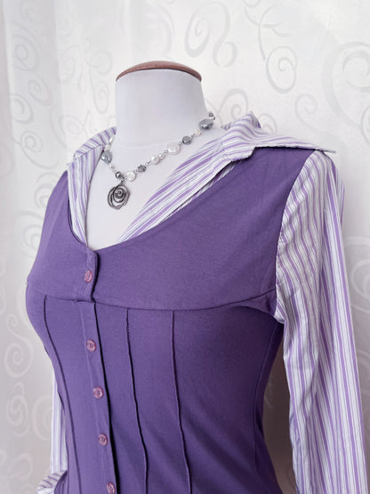 Cutest lilac striped shirt with purple vest detail 💜