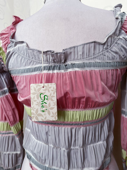 00’s deadstock colorful coquette shirt that closes with metal hooks 💜🌀