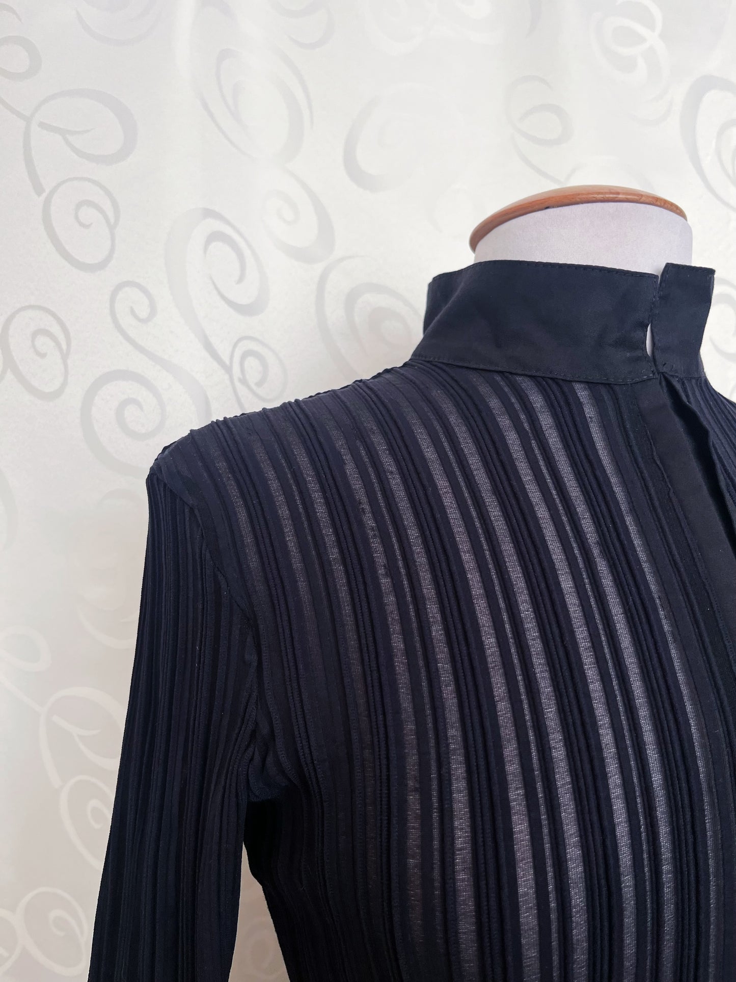 00’s Office Goth black shirt with sheer bustier striped detail 🕷️