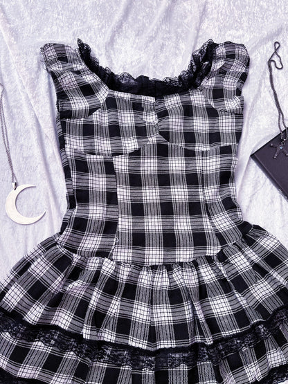 Dark Coquette / Jirai Kei style puffy layered tartan top with lace details 🕷️🎞️
