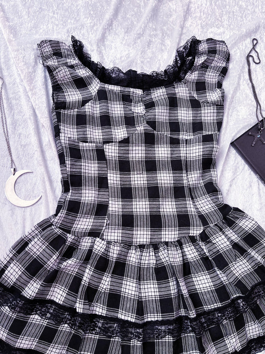 Dark Coquette / Jirai Kei style puffy layered tartan top with lace details 🕷️🎞️