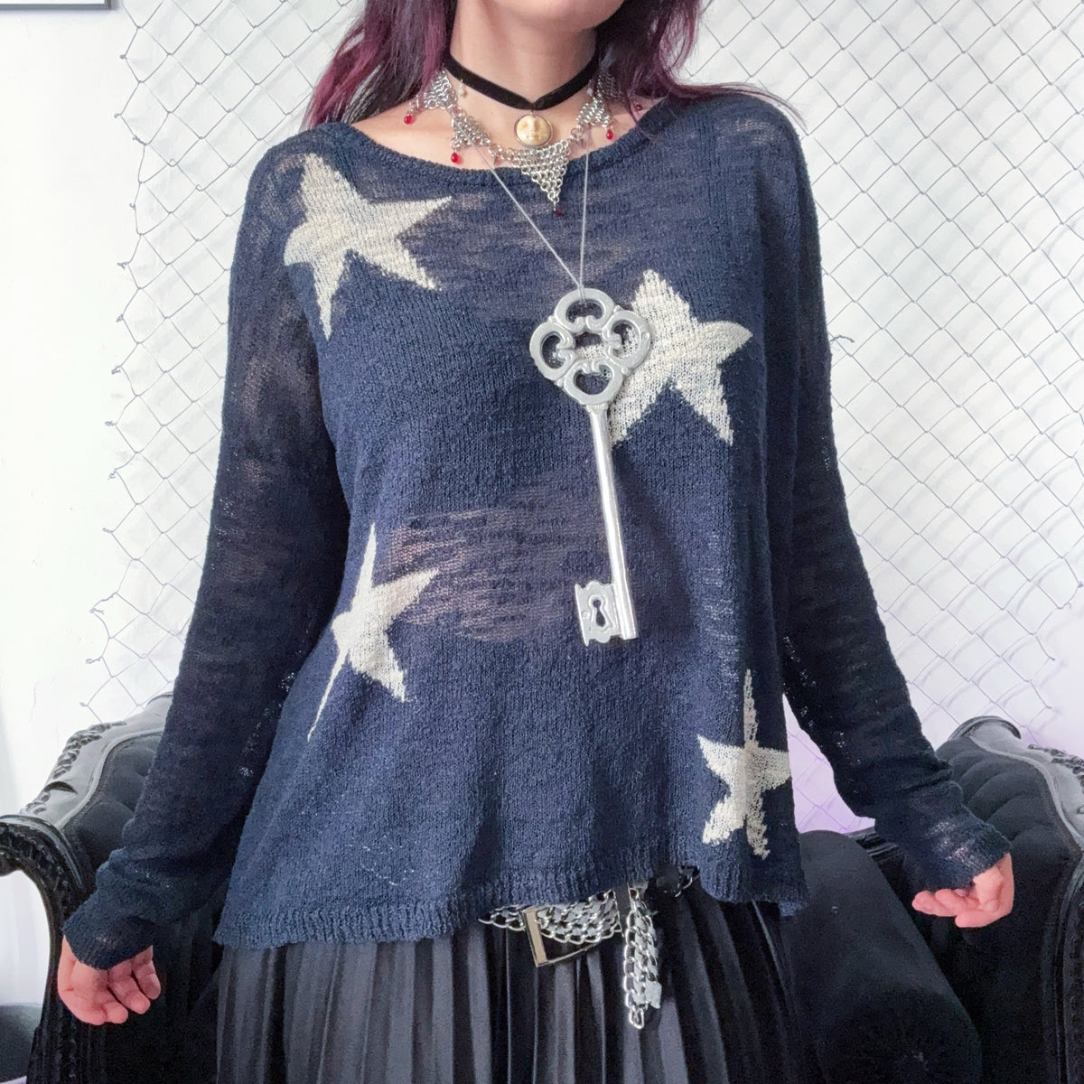 Coraline-style blue light sweater with stars 🗝 ⚉ 🪡 🐈‍⬛