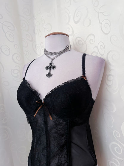 00’s whimsy black lacey corset with brown bow details 🐌 🖤