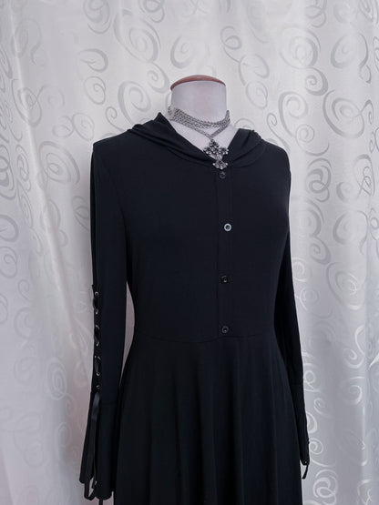 Modern witchy black maxi hooded dress with lace up sleeves 🖤🧙🏻