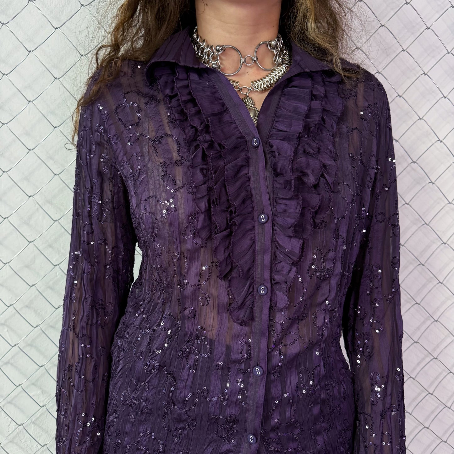 00’s whimsygoth see-through sequin purple shirt 💜🌀