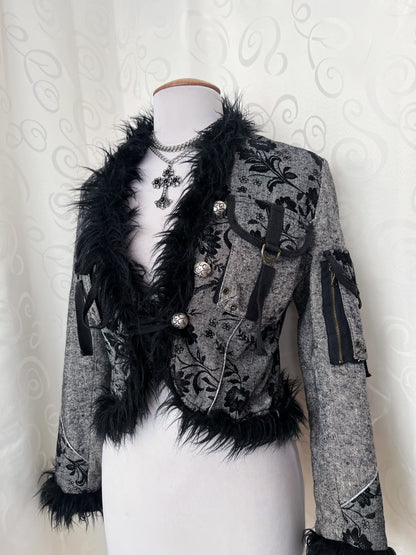 Vintage whimsygoth grey light afghan jacket with velvet, zipper & pocket details 🌀🧚🏾