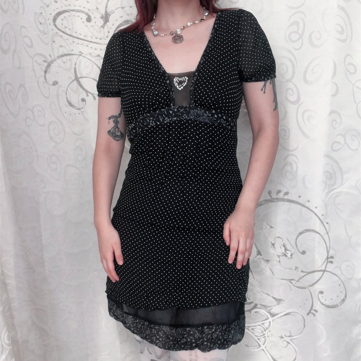 Dark coquette polka dot silk & viscose dress with heart bead detail 🎹🎶