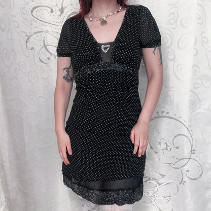 Dark coquette polka dot silk & viscose dress with heart bead detail 🎹🎶