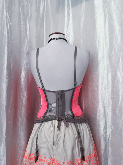 00’s coquette alizarine pink corset top with grey mesh & lace details 🎀