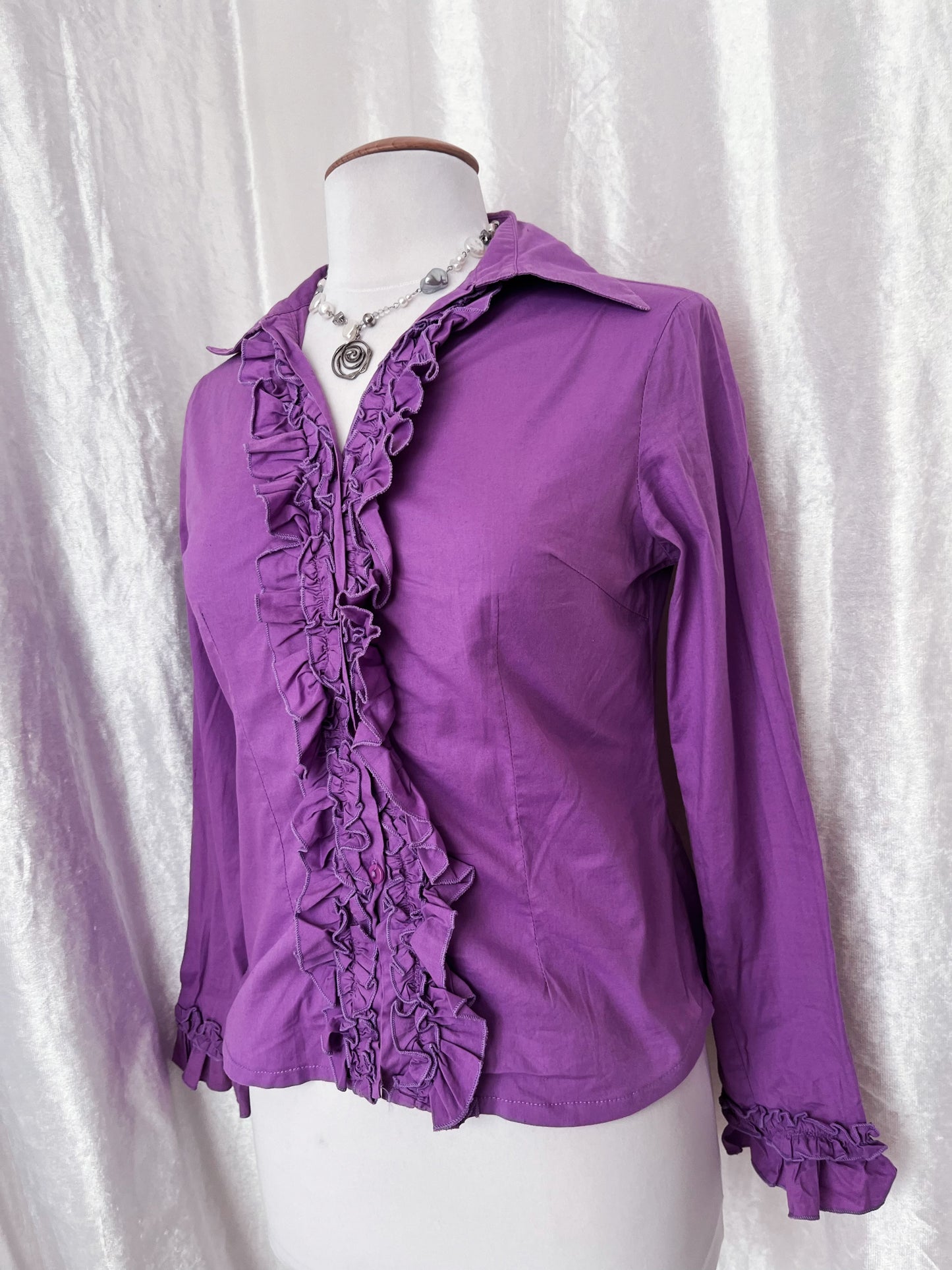 Gothic coquette bright violet cotton shirt with ruffle detail 💜