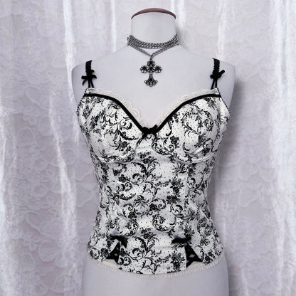 Gothic coquette white corset with black print details 🕷️🎀