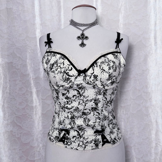 Gothic coquette white corset with black print details 🕷️🎀