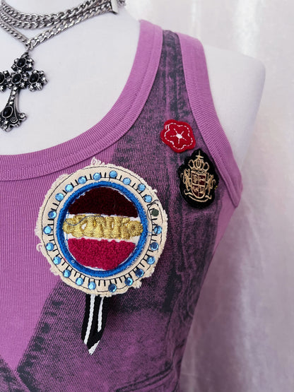 00’s pink woman tank top with vest print & patches